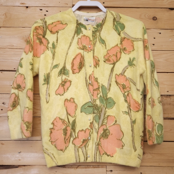 Angelon by Darlene Cardigan Angora Lambswool Floral Vintage